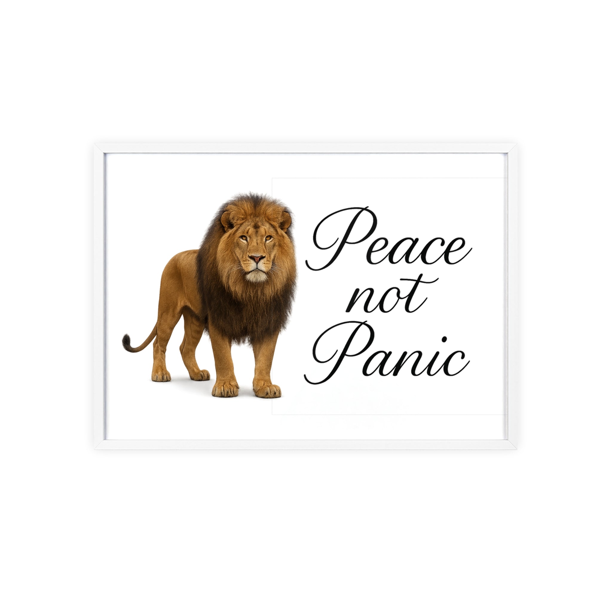 Peace Not Panic Lion Poster with Wooden Frame — Calming Wall Art for Home & Office