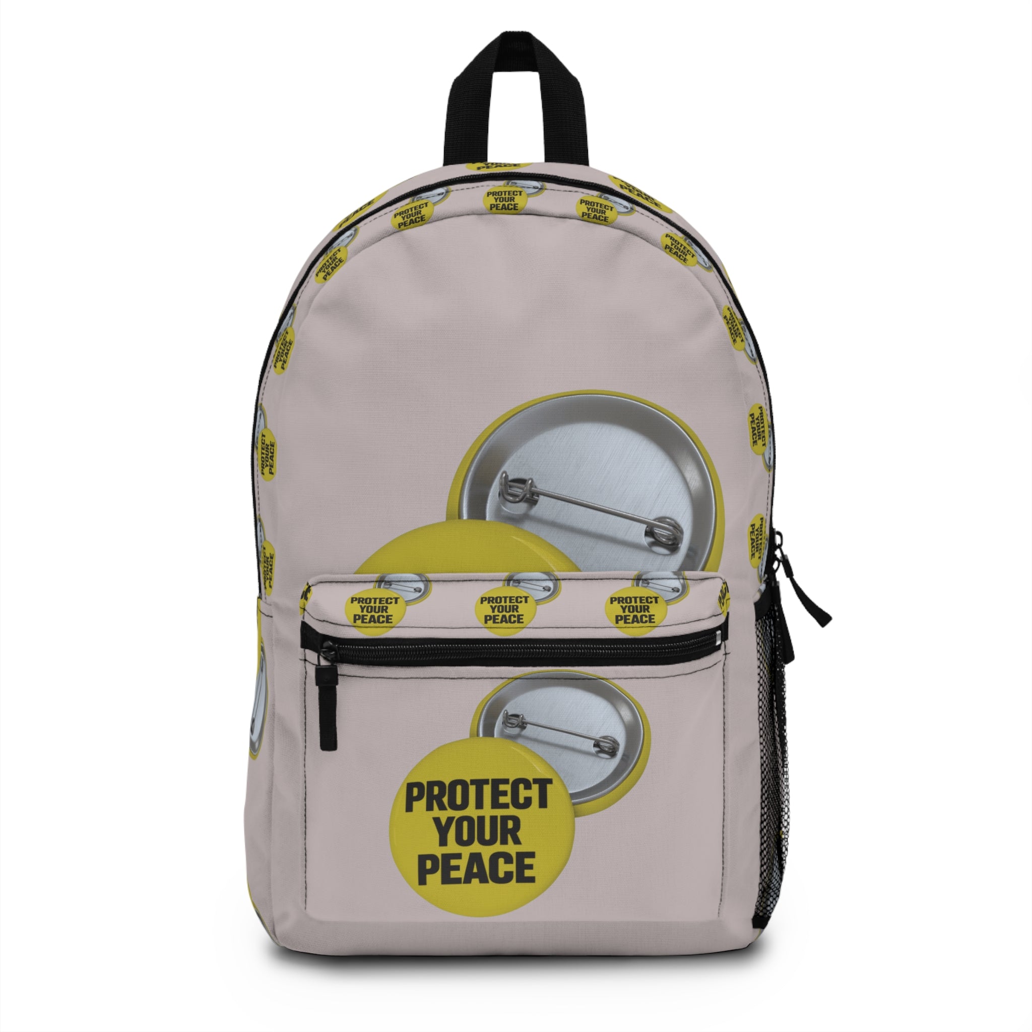 Protect Your Peace Backpack — Yellow Pin-Button Pattern School & Travel Bag
