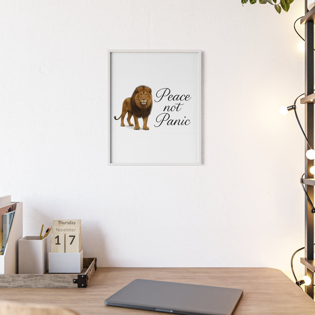 Peace Not Panic Lion Poster with Wooden Frame — Calming Wall Art for Home & Office