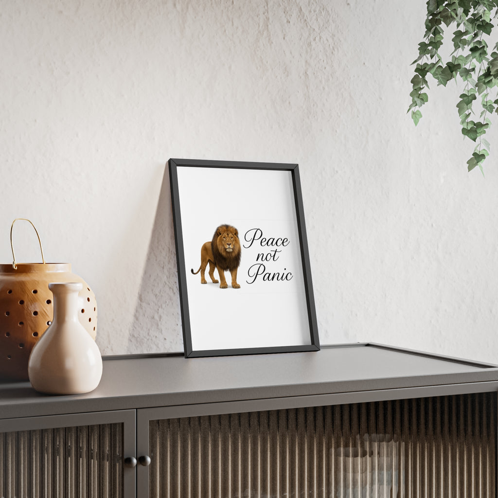 Peace Not Panic Lion Poster with Wooden Frame — Calming Wall Art for Home & Office