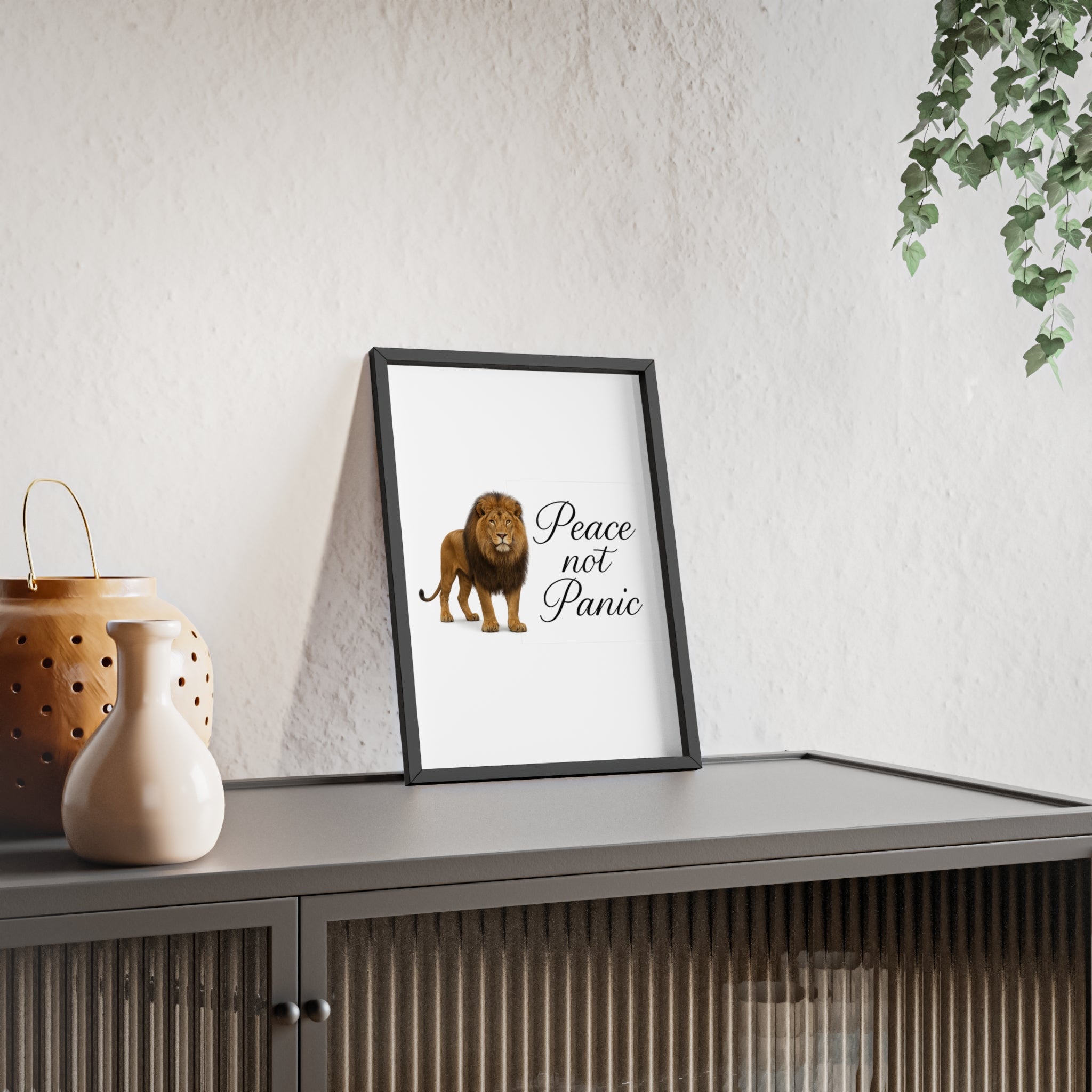 Peace Not Panic Lion Poster with Wooden Frame — Calming Wall Art for Home & Office