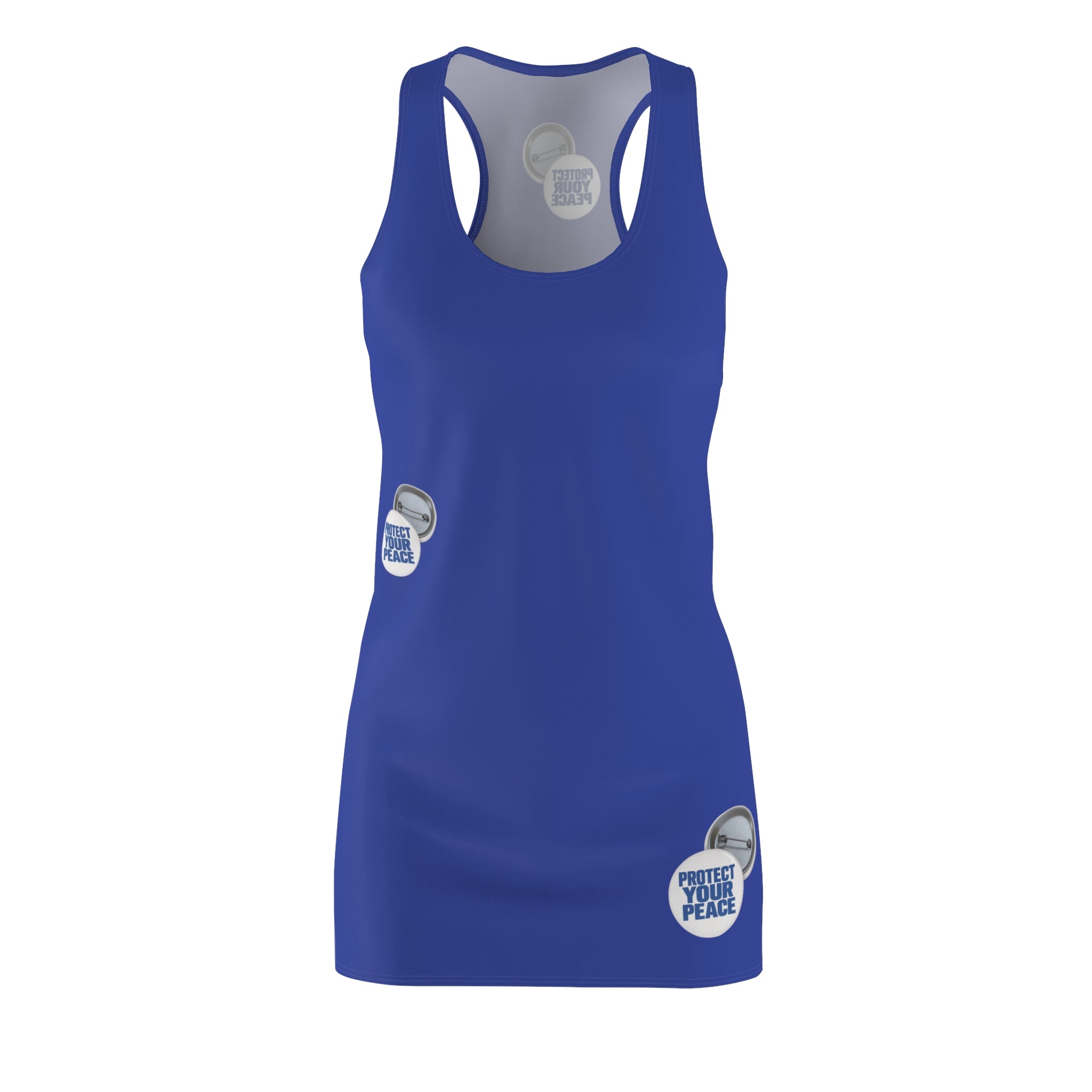Racerback Dress — 'Protect Women, Protect Peace' Button Pattern — Blue All-Over Print