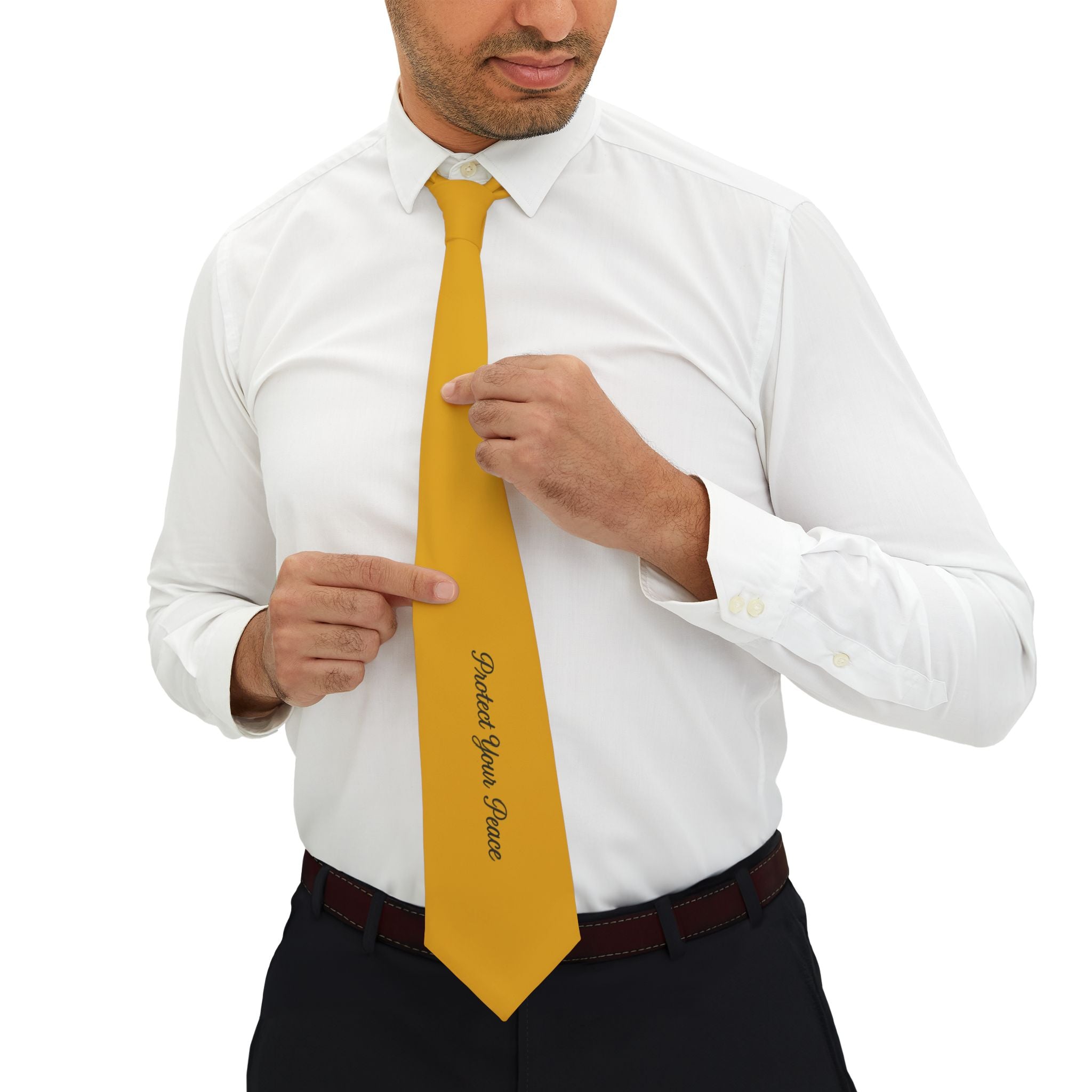 Gold Tie with Script "Protect your peace" — Elegant Men's Necktie for Weddings & Special Events