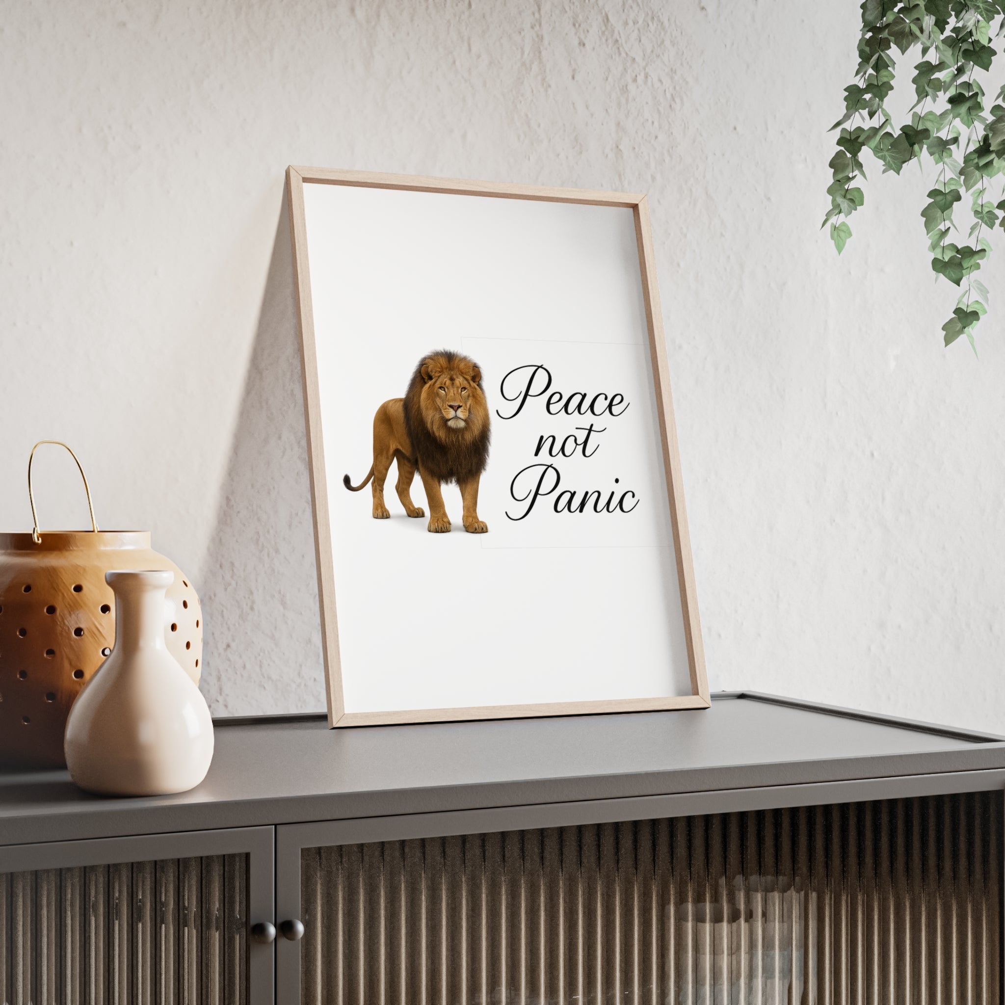 Peace Not Panic Lion Poster with Wooden Frame — Calming Wall Art for Home & Office