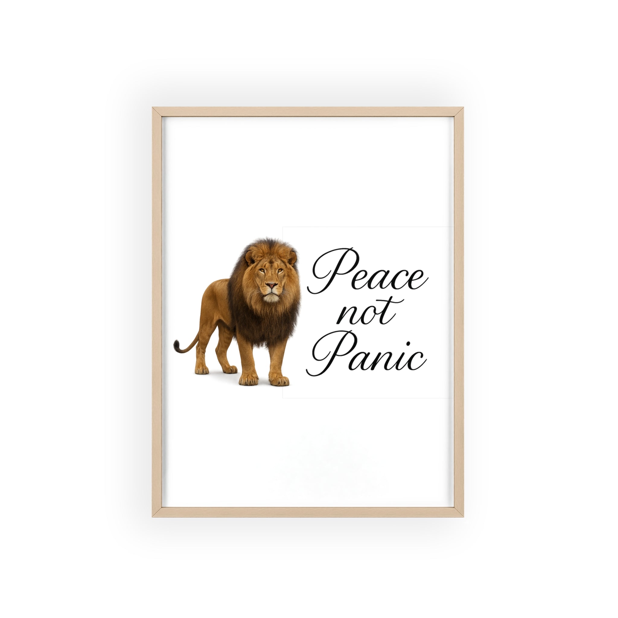 Peace Not Panic Lion Poster with Wooden Frame — Calming Wall Art for Home & Office