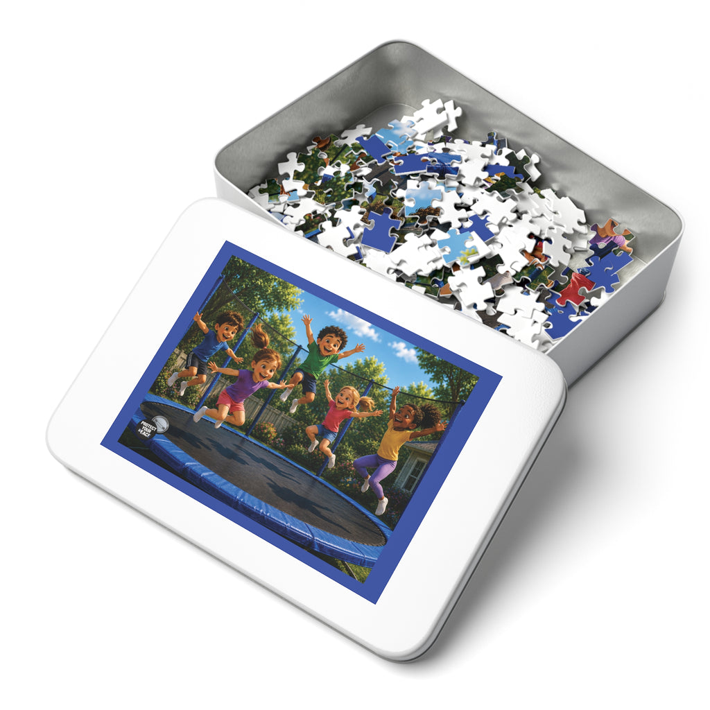 Kids Jumping on Trampoline Jigsaw Puzzle with Tin – 500-Piece Family Fun Puzzle