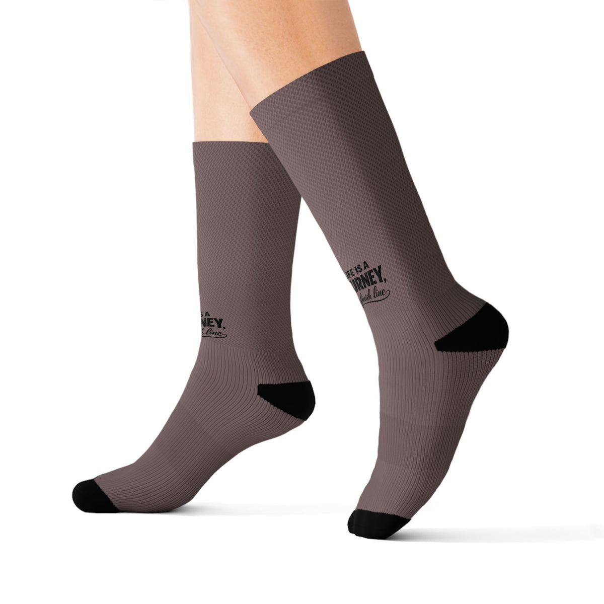 Life is a Journey not a finish line. Brown Ribbed Sublimation Socks — Custom Logo Crew Socks