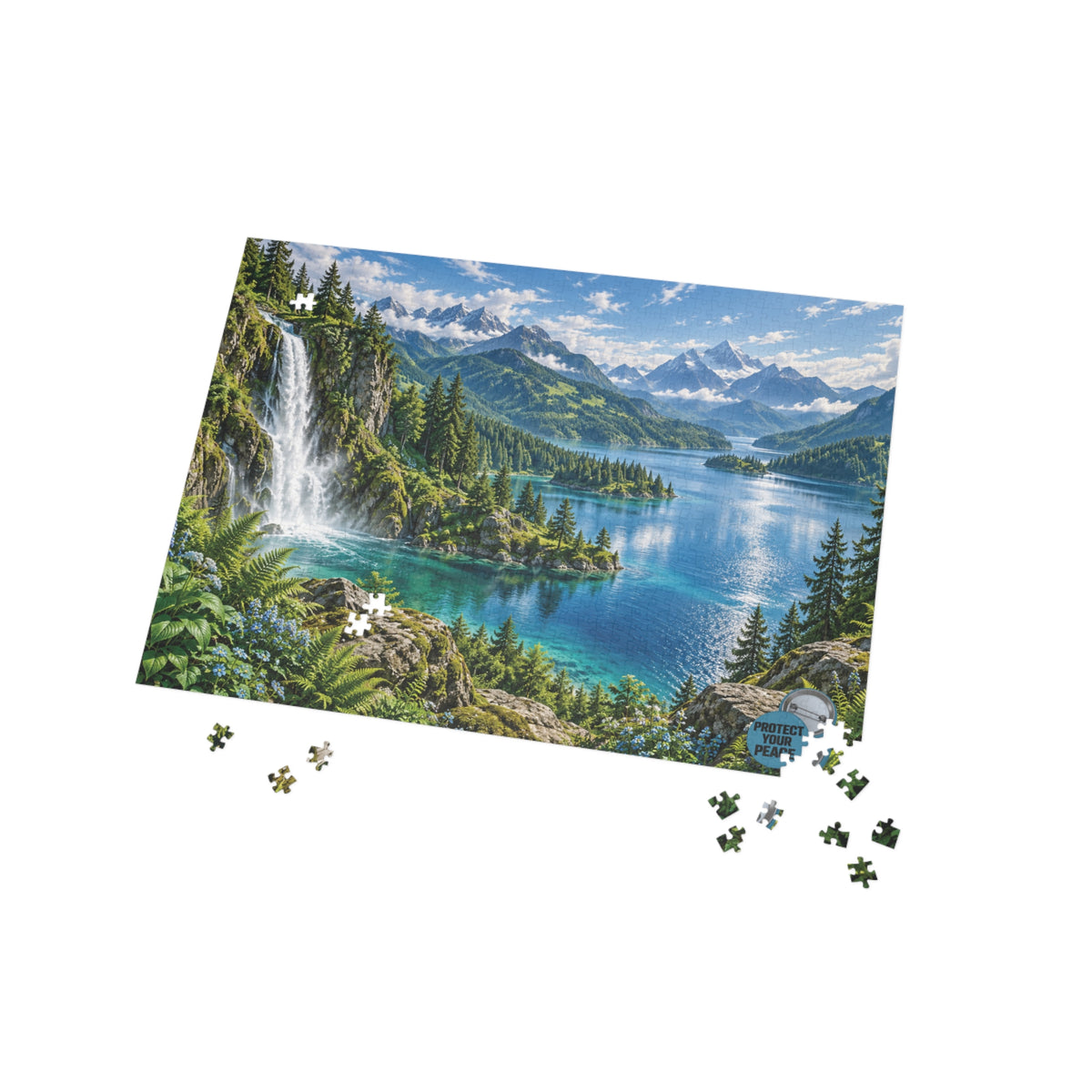 Scenic Mountain Lake Puzzle — Waterfall Nature Jigsaw (96–1000 pcs)