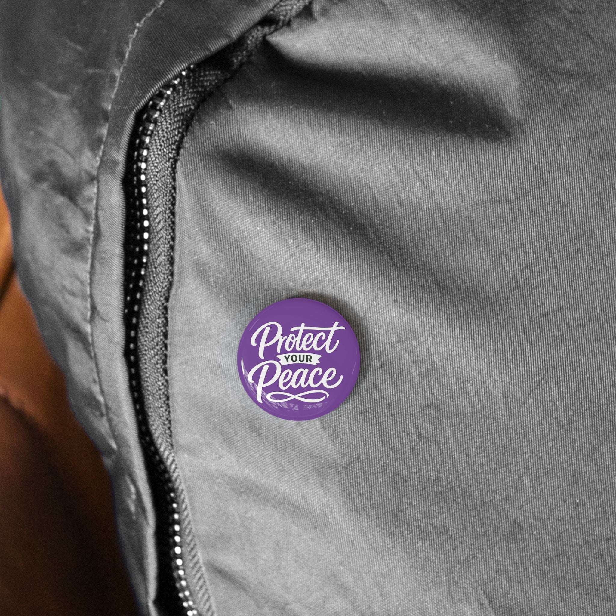 Protect Your Peace Round Pin — Purple Motivational Button Badge