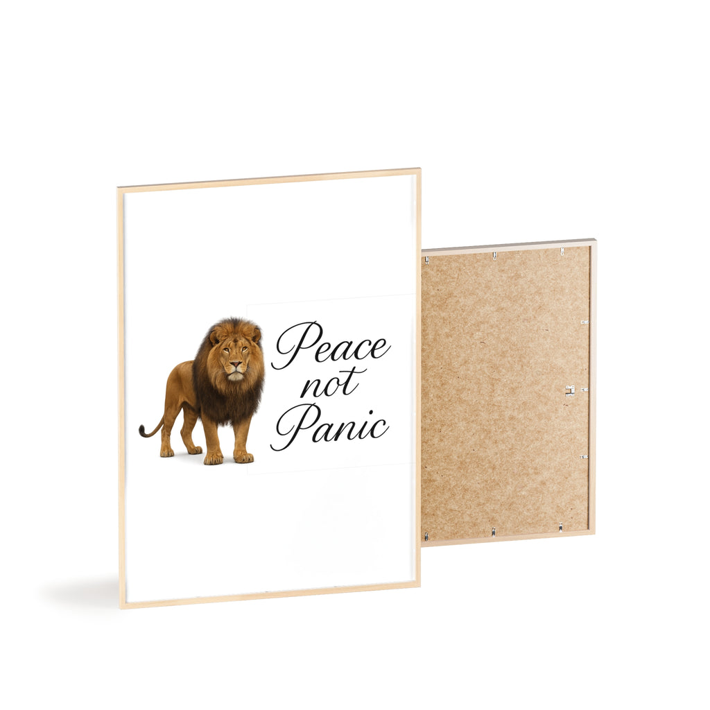 Peace Not Panic Lion Poster with Wooden Frame — Calming Wall Art for Home & Office