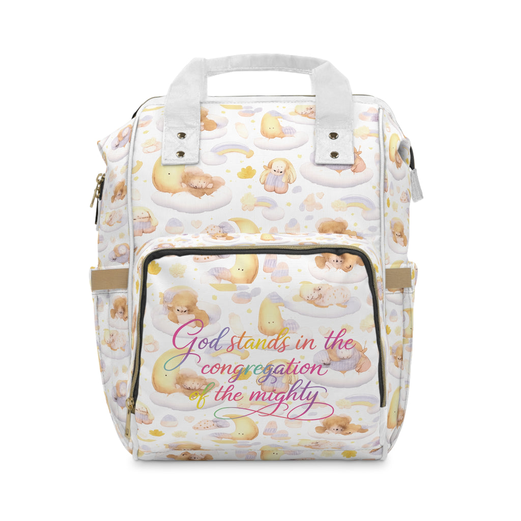 Diaper Backpack — Pastel Baby Cloud Print with “God Stands in the Congregation of the Mighty” Front Pocket