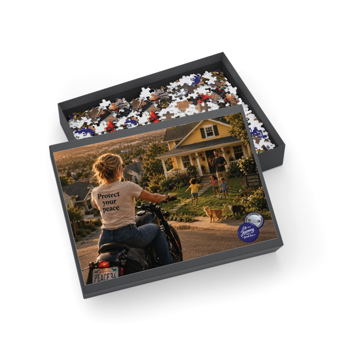 Puzzle — 'Protect Your Peace' Motorcycle & Family Scene Jigsaw (96–1000 pcs)