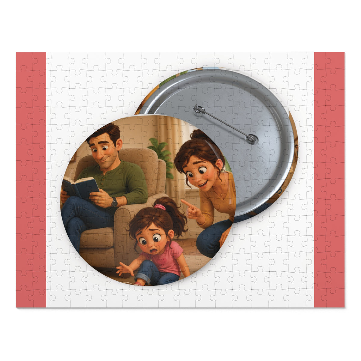 Family Moment 252-Piece Round Tin Puzzle — Cute Parents & Kid Illustration