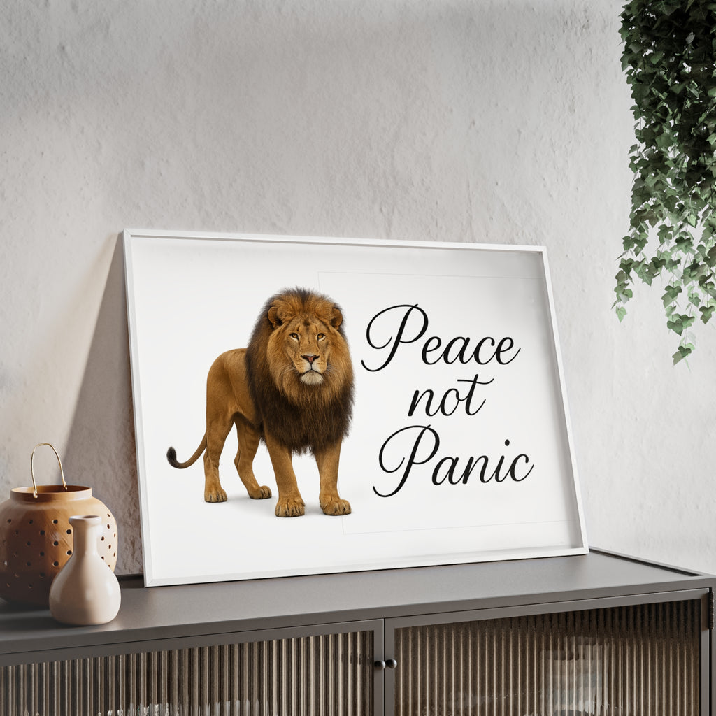 Peace Not Panic Lion Poster with Wooden Frame — Calming Wall Art for Home & Office
