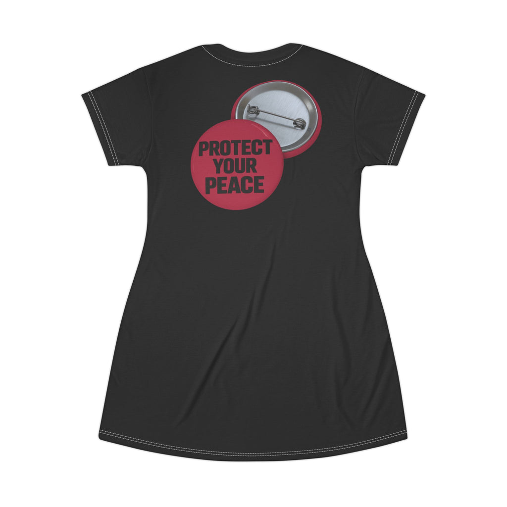 Protect Your Peace T-Shirt Dress — Casual Graphic Button Badge Tee Dress
