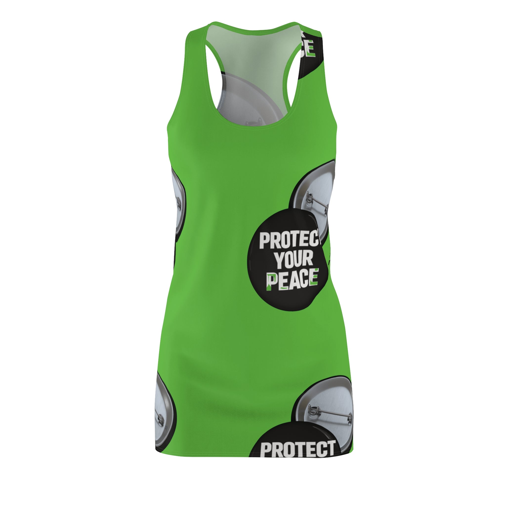 Protect Your Peace Racerback Dress — Bold Green AOP Peace Button Design