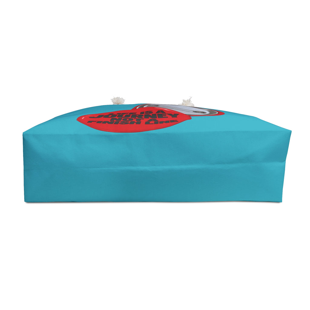 Weekender Bag — Turquoise Travel Tote with 'Life Is A Journey Not A Finish Line' Button Design