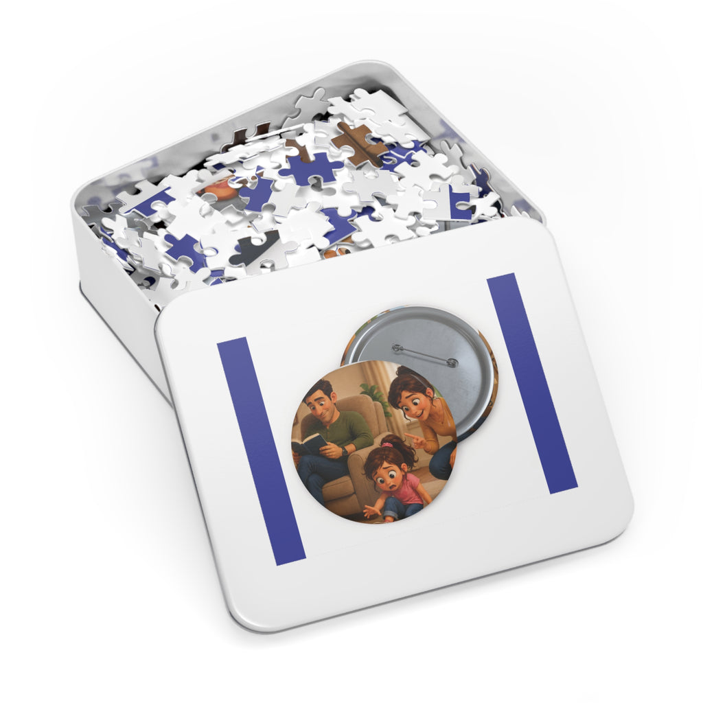 Family Movie Night Round Pin Puzzle with Tin — 252-Piece Keepsake Jigsaw
