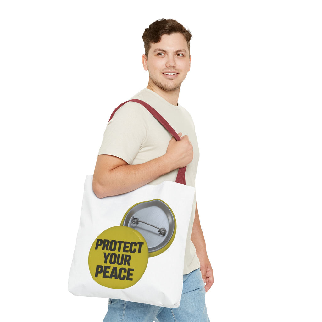 Protect Your Peace Tote Bag — Inspirational Yellow Button Graphic Tote