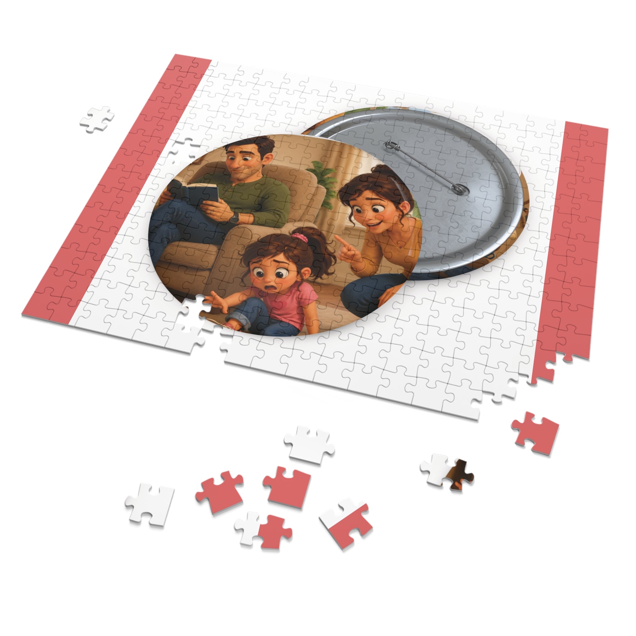 Family Moment 252-Piece Round Tin Puzzle — Cute Parents & Kid Illustration