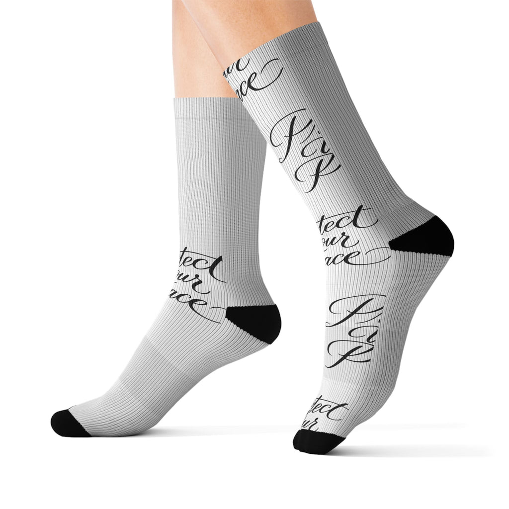 White Scripted 'Protect Your Peace' Sublimation Socks — Inspirational Crew Socks
