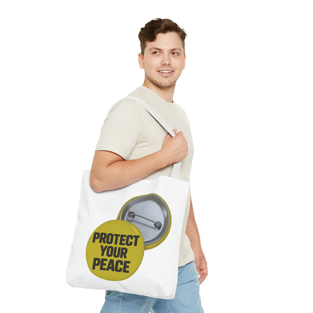 Protect Your Peace Tote Bag — Inspirational Yellow Button Graphic Tote