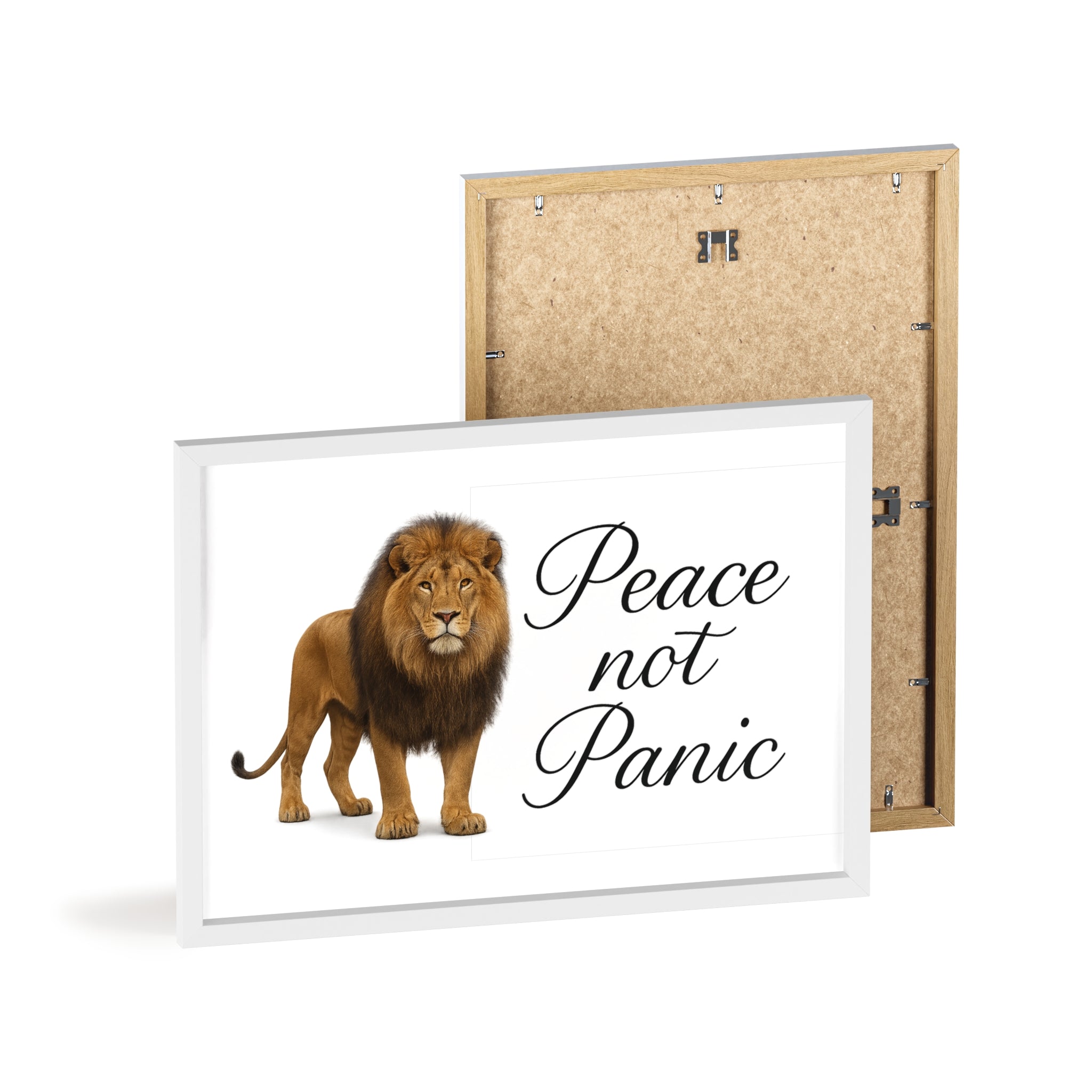 Peace Not Panic Lion Poster with Wooden Frame — Calming Wall Art for Home & Office