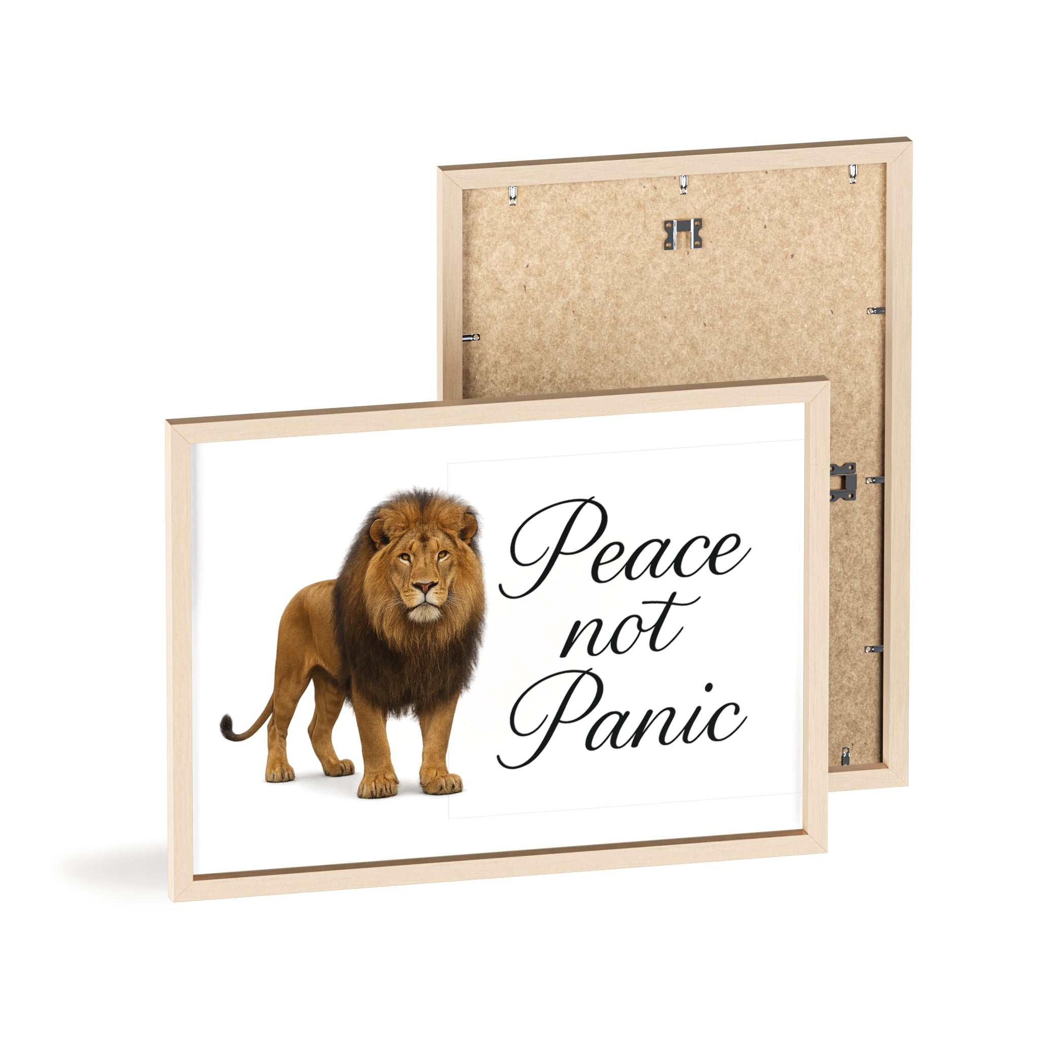 Peace Not Panic Lion Poster with Wooden Frame — Calming Wall Art for Home & Office