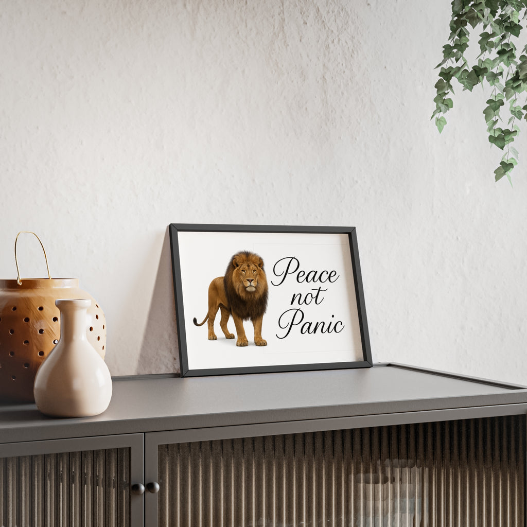 Peace Not Panic Lion Poster with Wooden Frame — Calming Wall Art for Home & Office