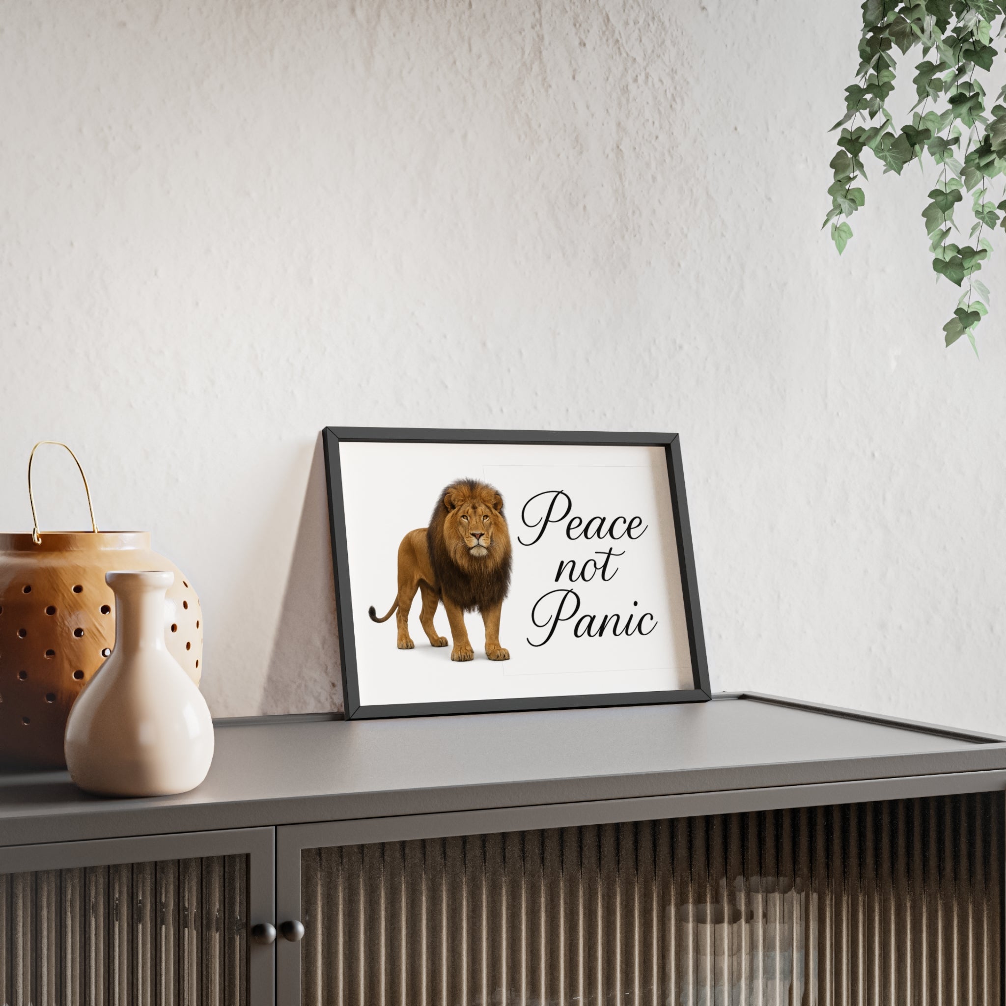 Peace Not Panic Lion Poster with Wooden Frame — Calming Wall Art for Home & Office