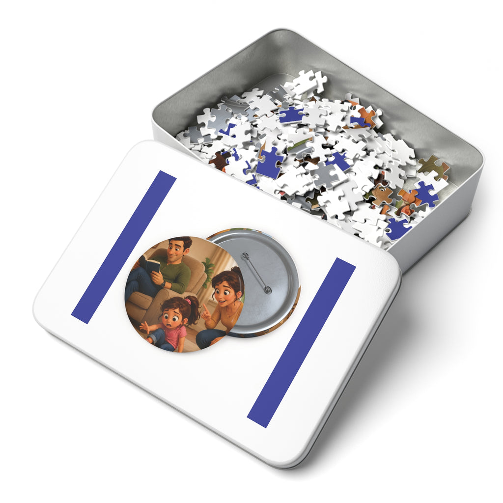 Family Movie Night Round Pin Puzzle with Tin — 252-Piece Keepsake Jigsaw