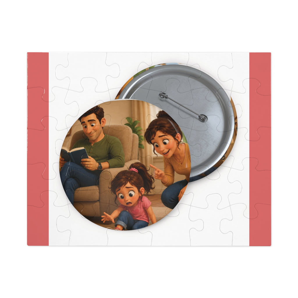 Family Moment 252-Piece Round Tin Puzzle — Cute Parents & Kid Illustration