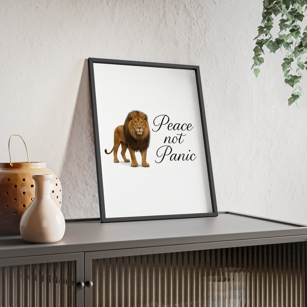 Peace Not Panic Lion Poster with Wooden Frame — Calming Wall Art for Home & Office