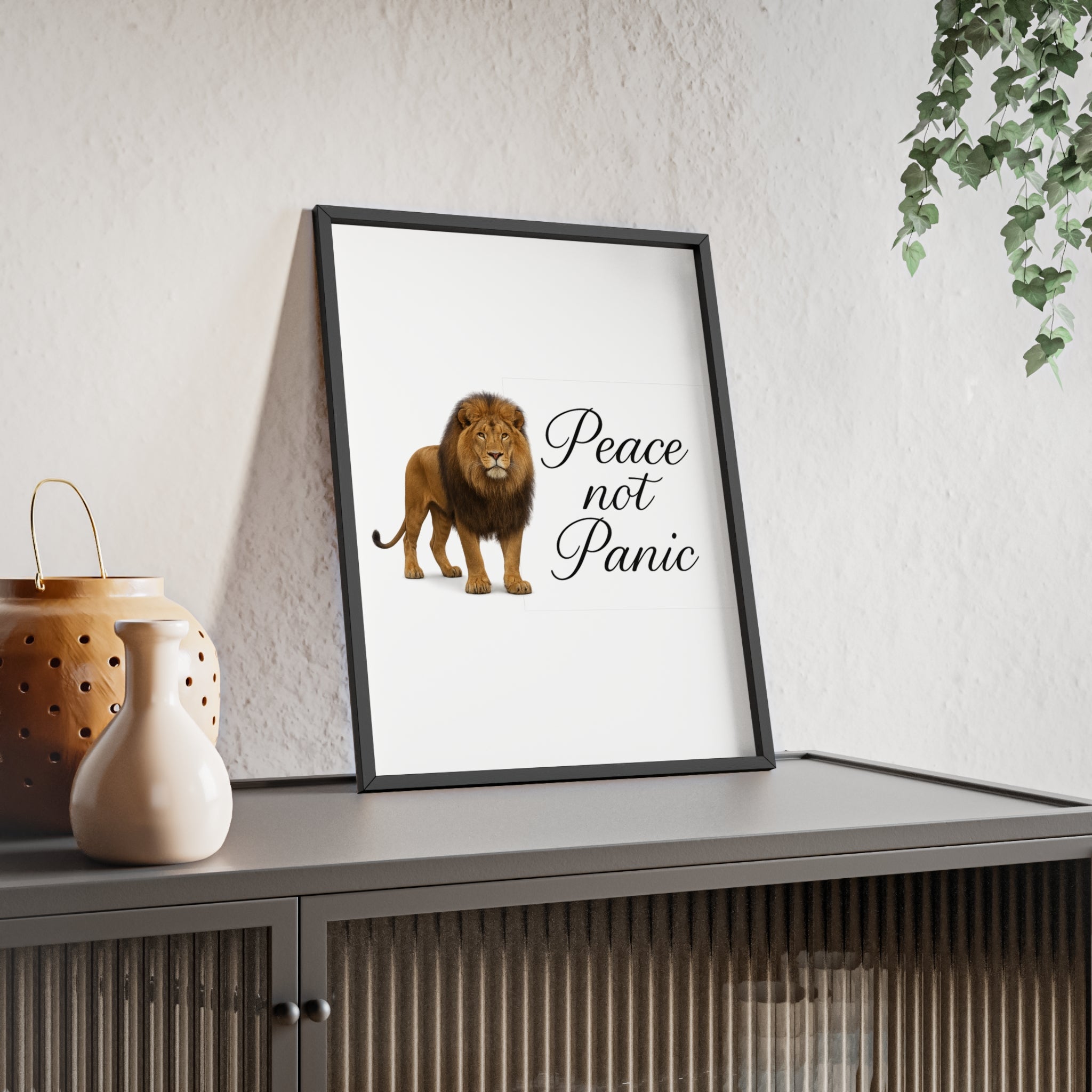 Peace Not Panic Lion Poster with Wooden Frame — Calming Wall Art for Home & Office