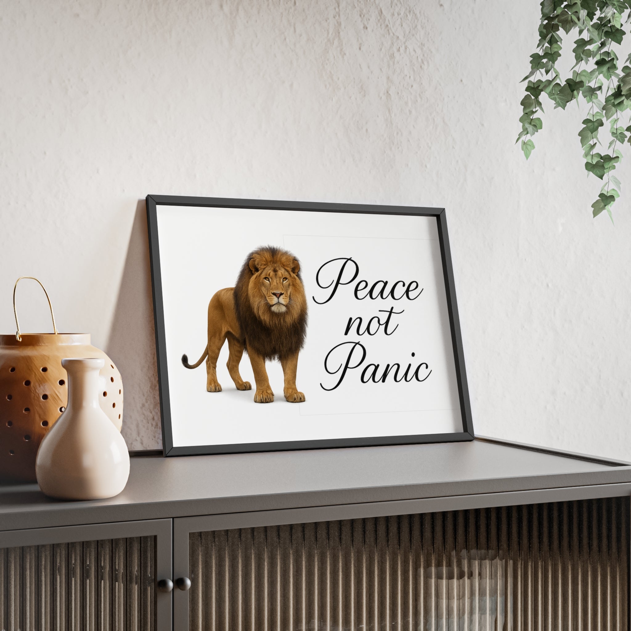 Peace Not Panic Lion Poster with Wooden Frame — Calming Wall Art for Home & Office